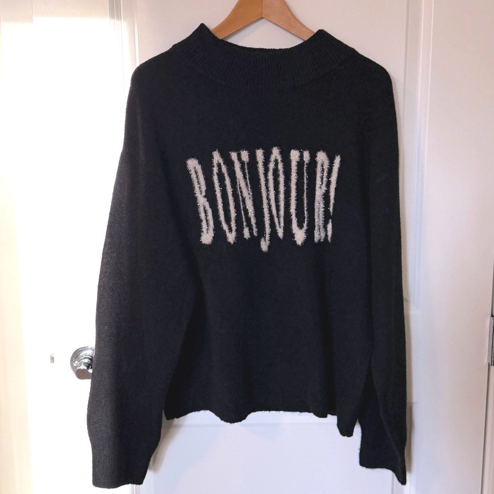 A NEW DAY Black “BONJOUR!” Sweater LARGE